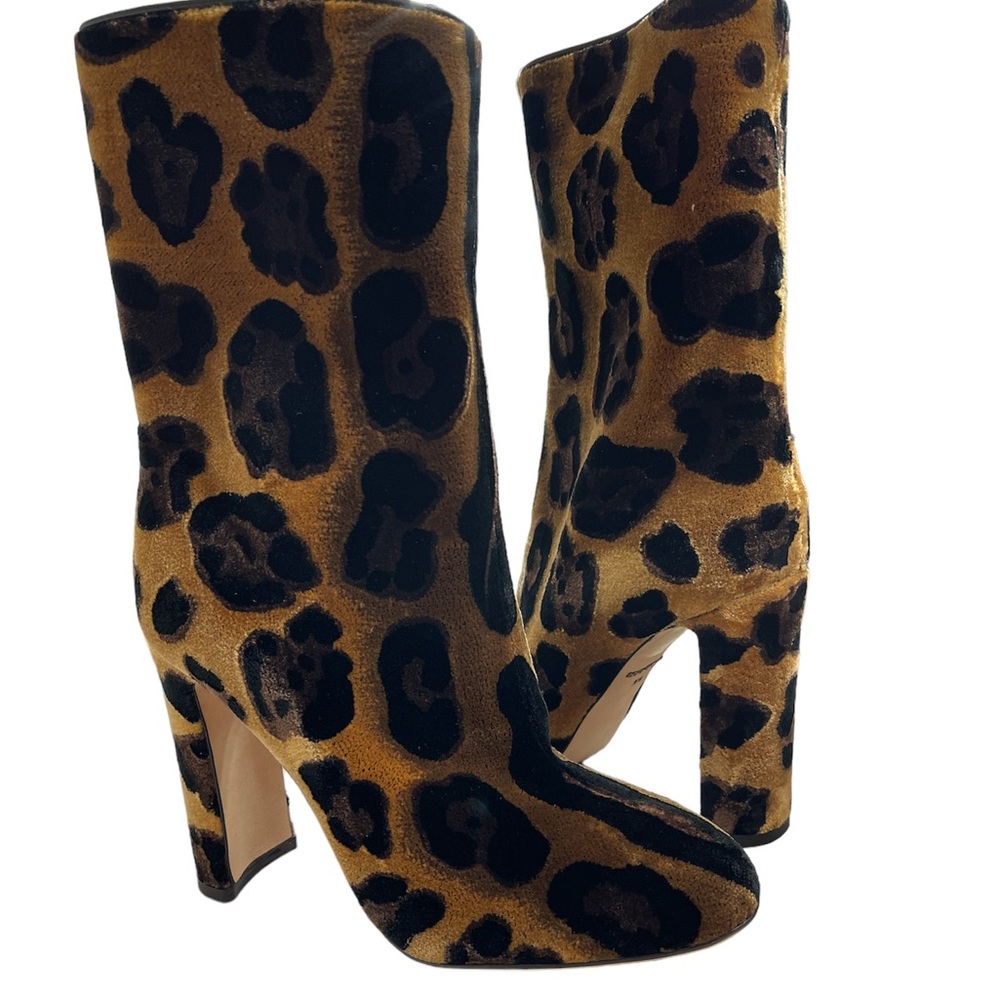 D&G EMBROIDERED LEOPARD-PRINT VELVET MID-CALF BOOTS IN BEIGE